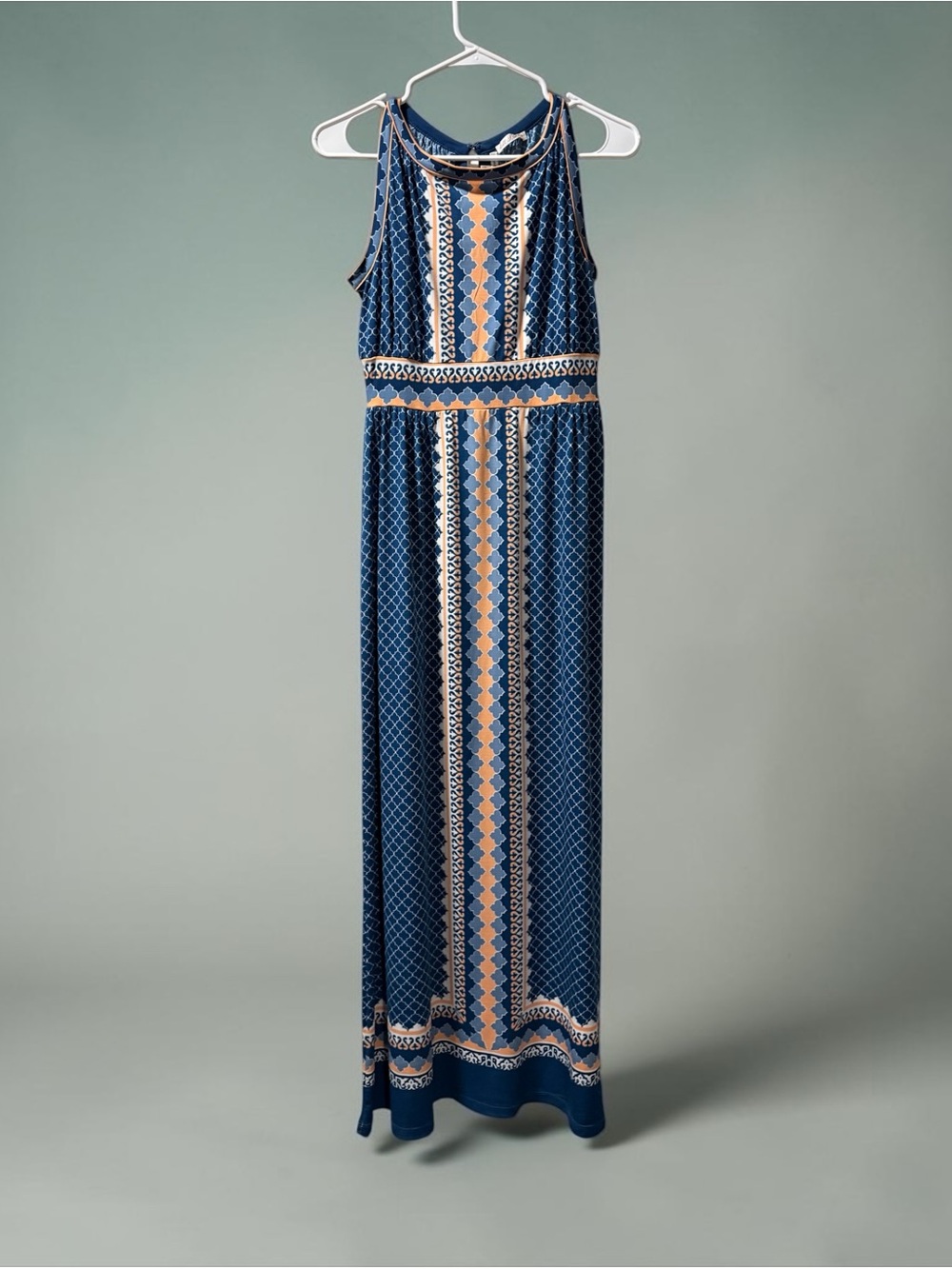 Blue Patterned Maxi Dress with Geometric Trim. Max Studio Size XS